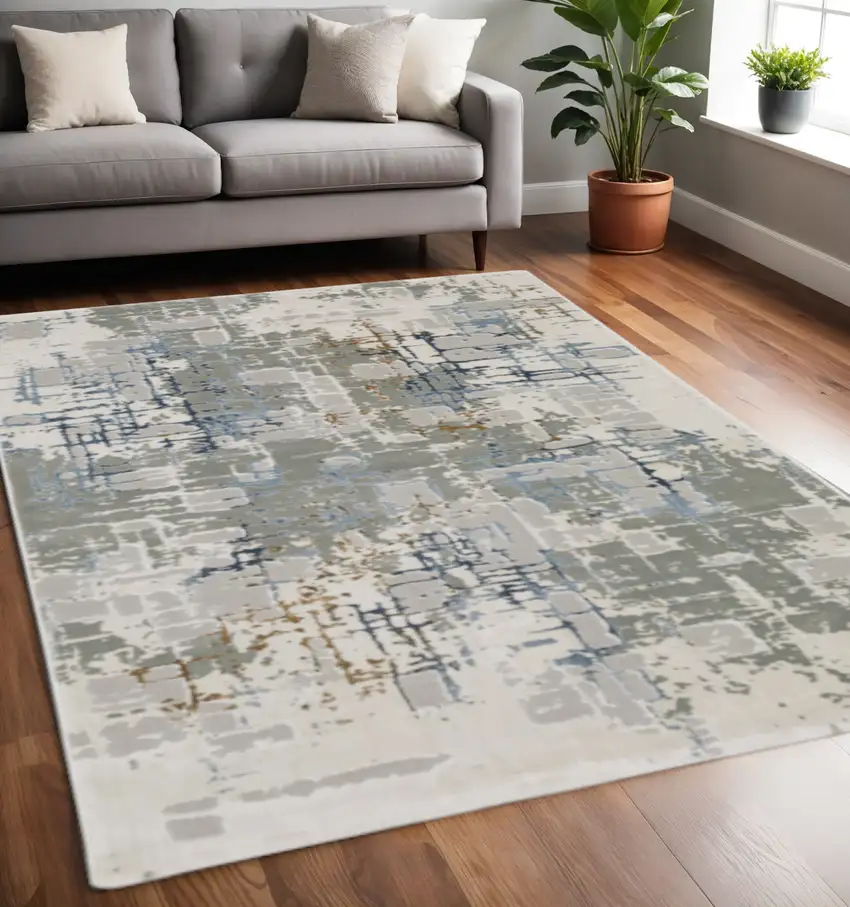 Grey Blue Brown Ivory And Deep Blue Abstract Power Loom Stain Resistant Area Rug Photo 1