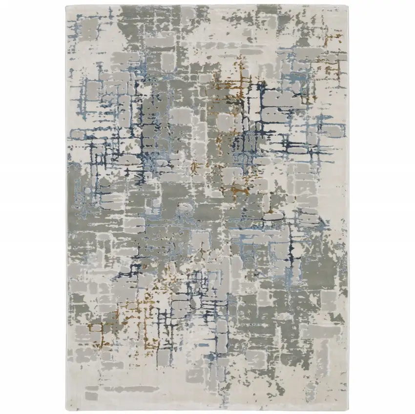 6' X 9' Grey Blue Brown Ivory And Deep Blue Abstract Power Loom Stain Resistant Area Rug Photo 2