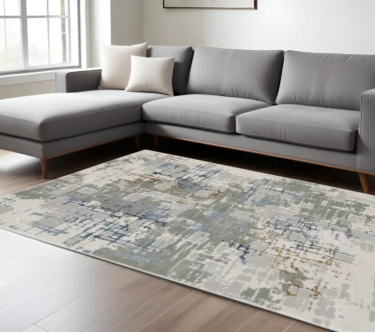 Grey Blue Brown Ivory And Deep Blue Abstract Power Loom Stain Resistant Area Rug Photo 2