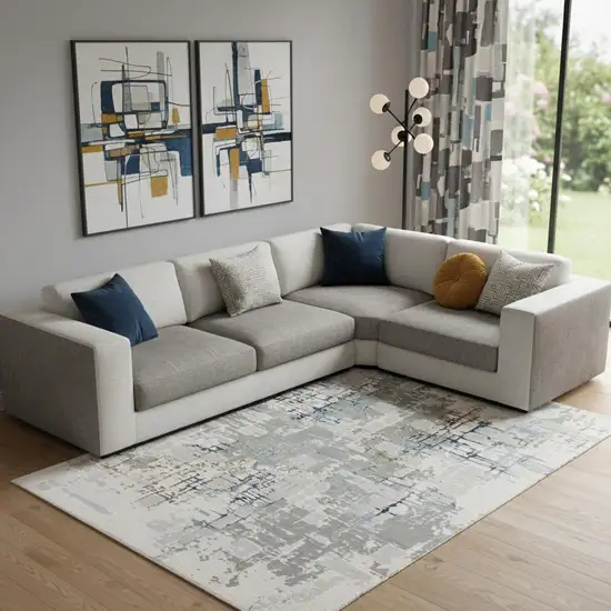 Grey Blue Brown Ivory And Deep Blue Abstract Power Loom Stain Resistant Area Rug Photo 1