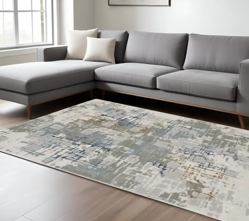 Grey Blue Brown Ivory And Deep Blue Abstract Power Loom Stain Resistant Area Rug Photo 1