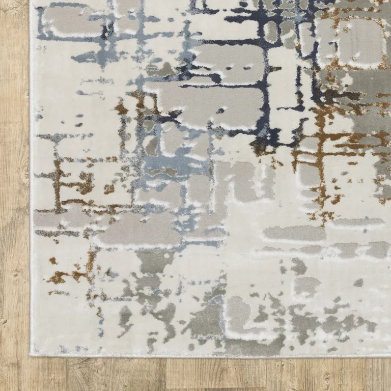 Grey Blue Brown Ivory And Deep Blue Abstract Power Loom Stain Resistant Runner Rug Photo 4
