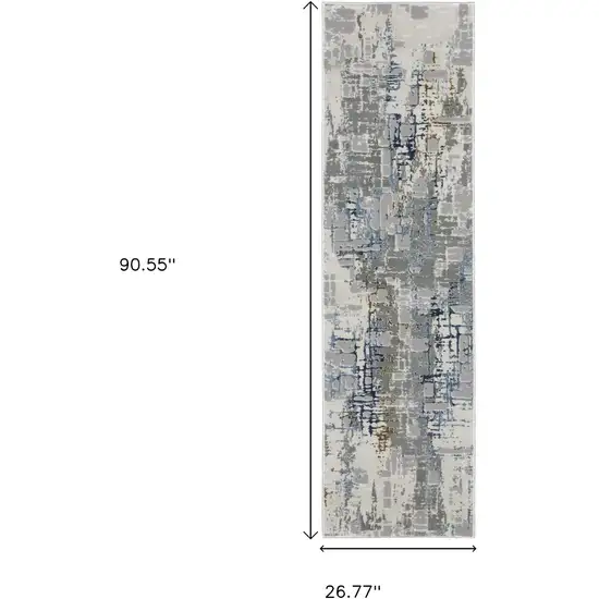 2' X 8' Grey Blue Brown Ivory And Deep Blue Abstract Power Loom Stain Resistant Runner Rug Photo 3