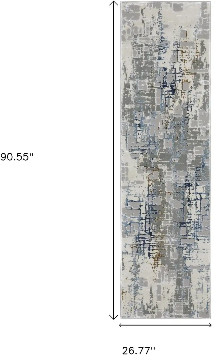 2' X 8' Grey Blue Brown Ivory And Deep Blue Abstract Power Loom Stain Resistant Runner Rug Photo 3
