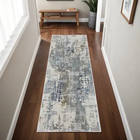 2' X 8' Grey Blue Brown Ivory And Deep Blue Abstract Power Loom Stain Resistant Runner Rug Photo 1