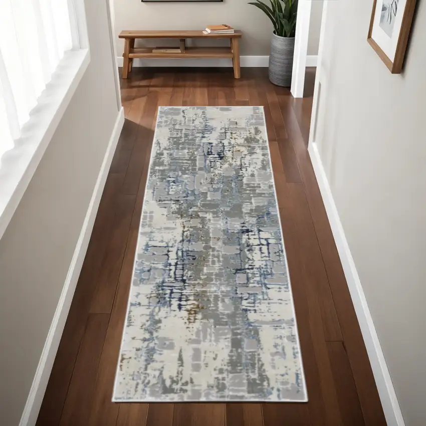 2' X 8' Grey Blue Brown Ivory And Deep Blue Abstract Power Loom Stain Resistant Runner Rug Photo 1