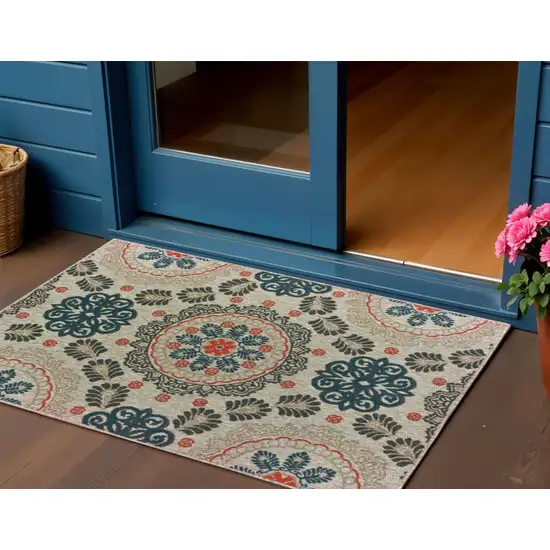 Blue And Gray Damask Indoor Outdoor Area Rug Photo 1