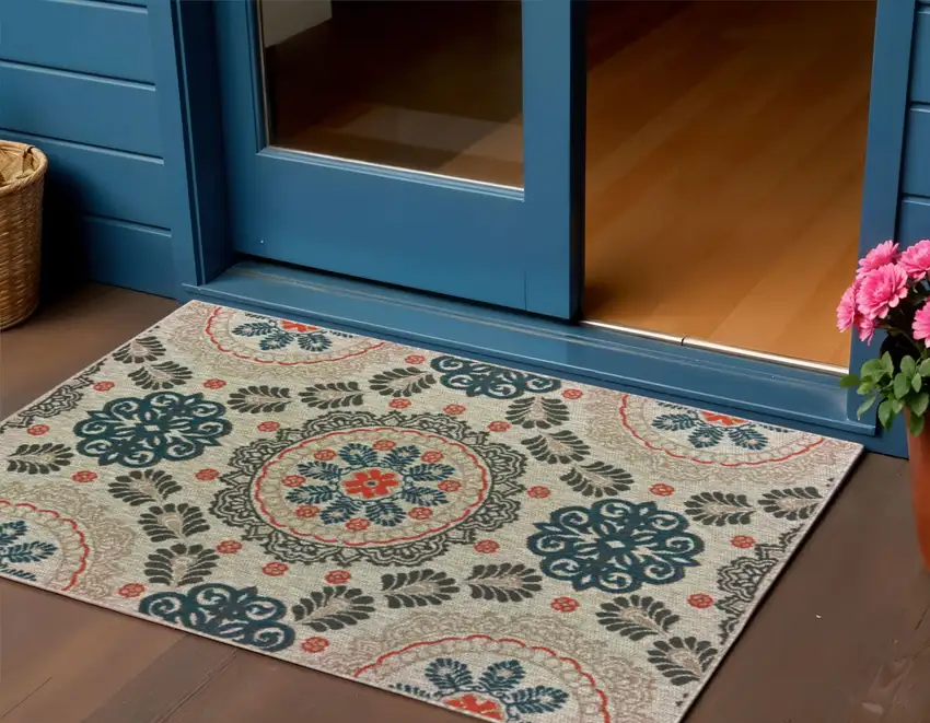 Blue And Gray Damask Indoor Outdoor Area Rug Photo 1