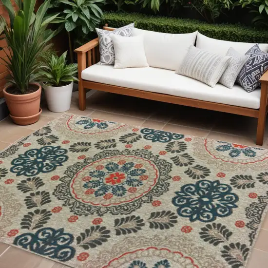 Blue And Gray Damask Indoor Outdoor Area Rug Photo 1