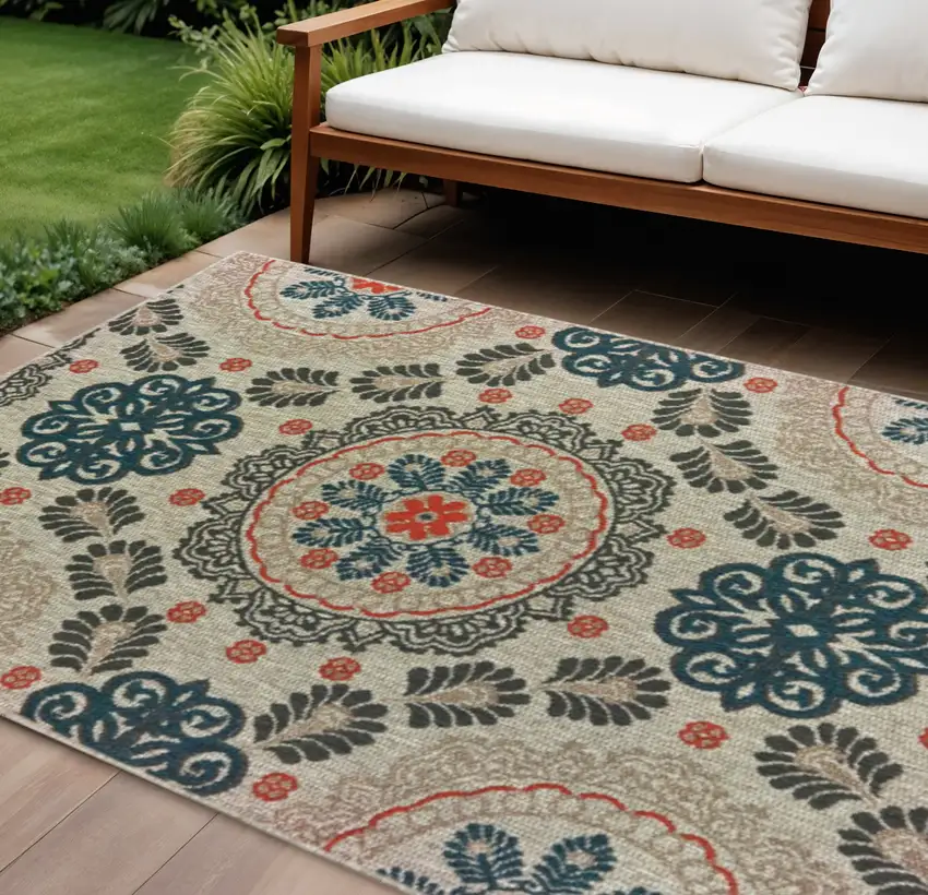 Blue And Gray Damask Indoor Outdoor Area Rug Photo 1