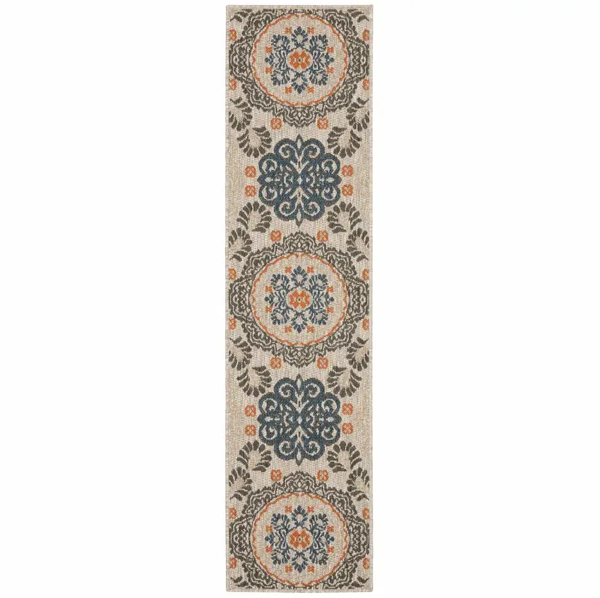 Grey Blue  Floral Indoor Outdoor Runner Rug Photo 5
