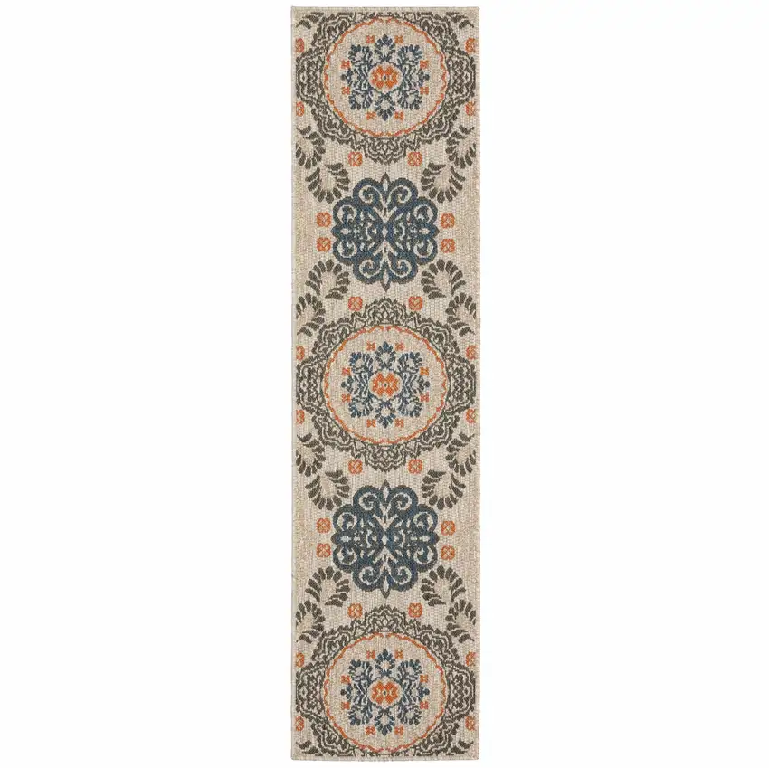 Grey Blue  Floral Indoor Outdoor Runner Rug Photo 1