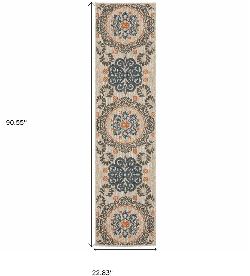 Grey Blue  Floral Indoor Outdoor Runner Rug Photo 6