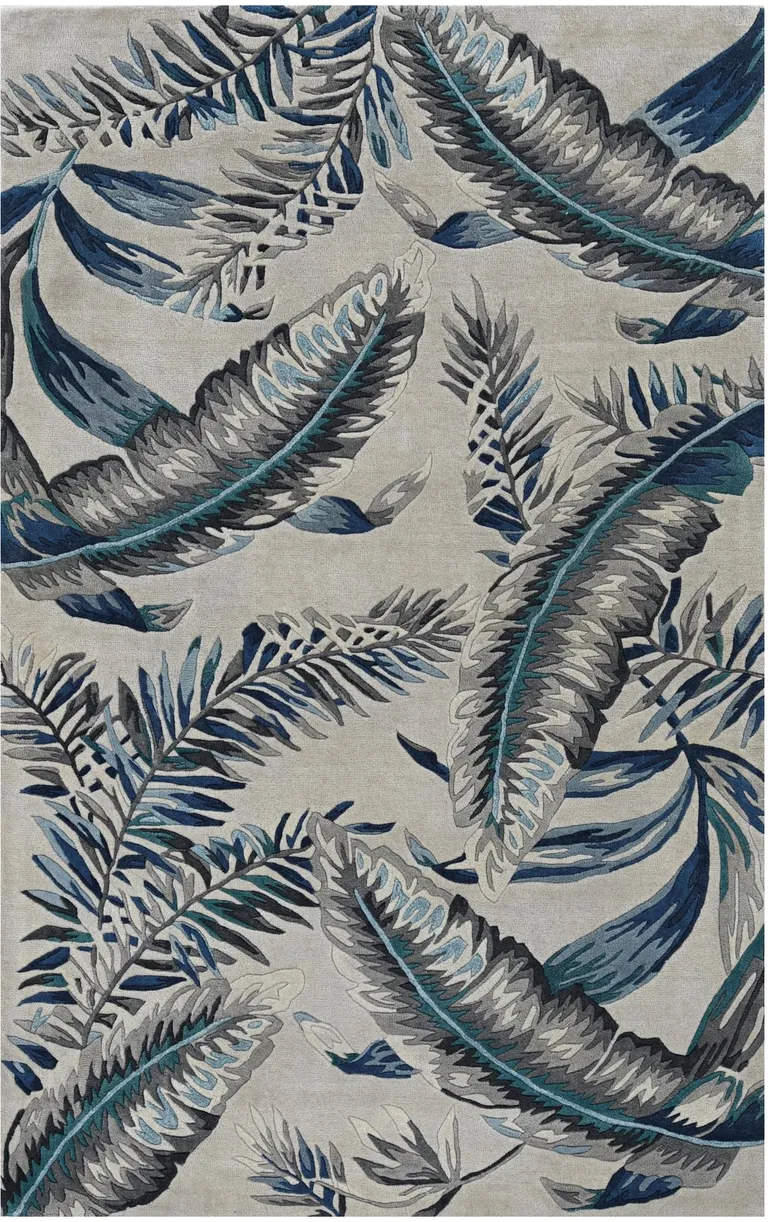 Grey Blue Hand Tufted Tropical Leaves Indoor Area Rug Photo 3