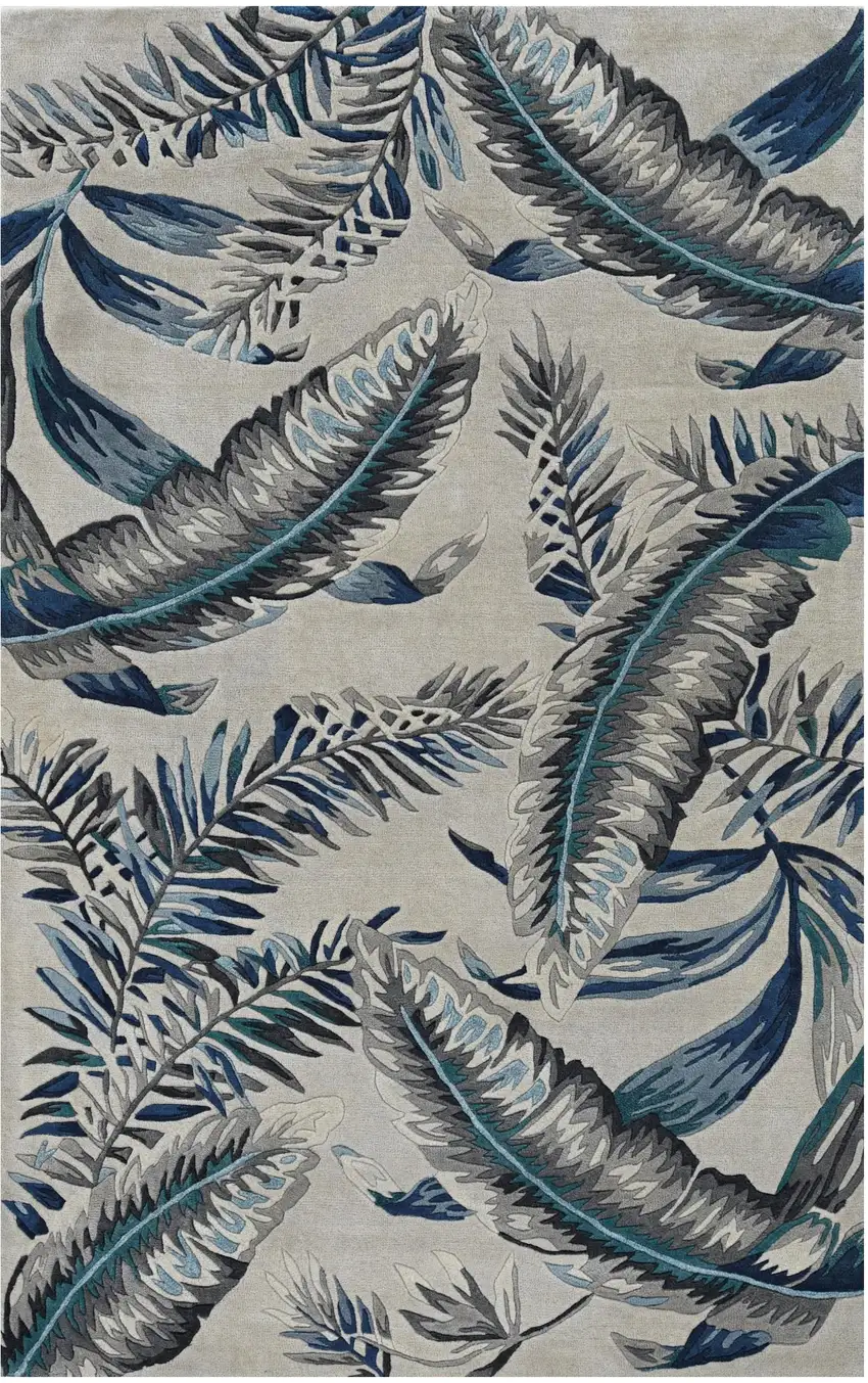 Gray And Blue Wool Botanical Leaves Hand Tufted Area Rug Photo 2