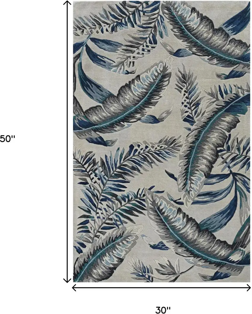 Gray And Blue Wool Botanical Leaves Hand Tufted Area Rug Photo 3