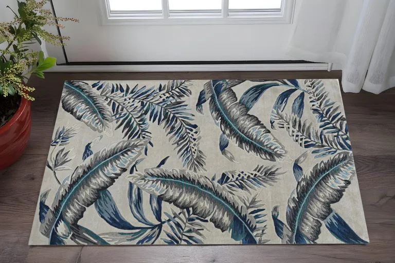 Grey Blue Hand Tufted Tropical Leaves Indoor Area Rug Photo 2