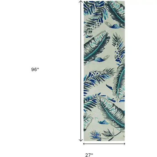 8' Blue And Gray Wool Botanical Leaves Hand Tufted Runner Rug Photo 3