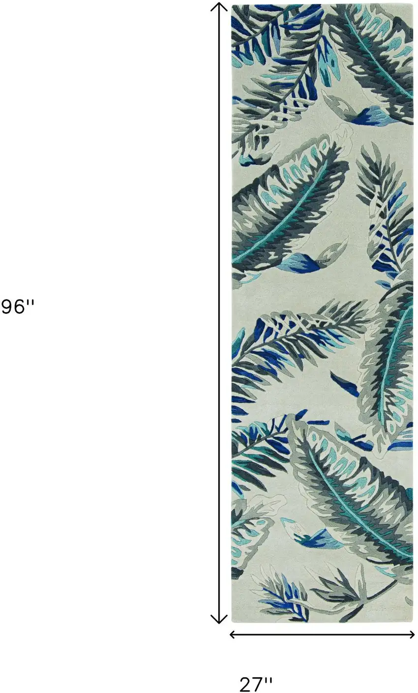 8' Blue And Gray Wool Botanical Leaves Hand Tufted Runner Rug Photo 3