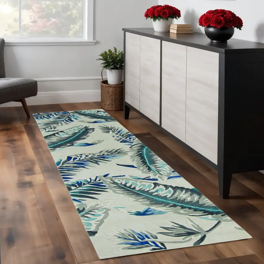 8' Blue And Gray Wool Botanical Leaves Hand Tufted Runner Rug Photo 1