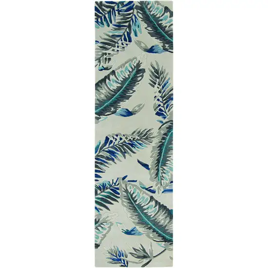 8' Blue And Gray Wool Botanical Leaves Hand Tufted Runner Rug Photo 2
