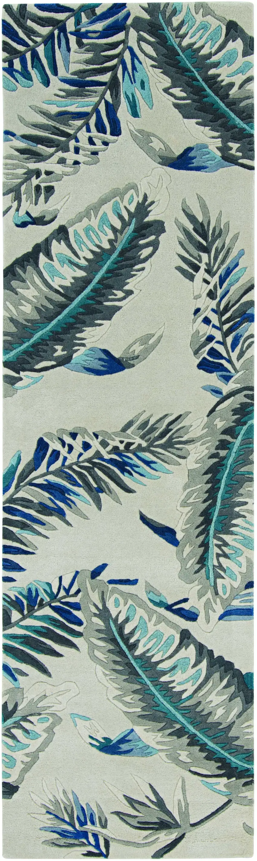 8' Blue And Gray Wool Botanical Leaves Hand Tufted Runner Rug Photo 2