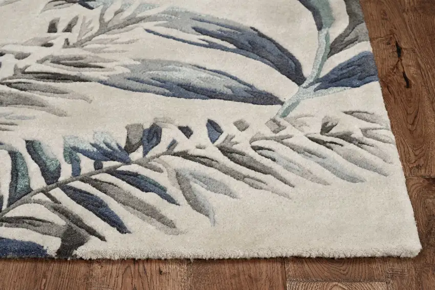 Grey Blue Hand Tufted Tropical Leaves Indoor Runner Rug Photo 4