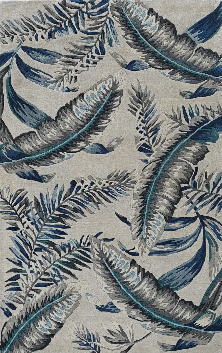 Grey Blue Hand Tufted Tropical Leaves Indoor Runner Rug Photo 3