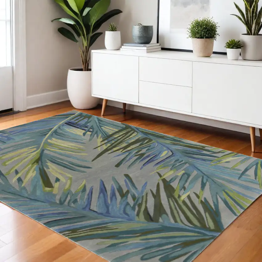 Gray And Blue Wool Tropical Botanical Hand Tufted Area Rug Photo 1