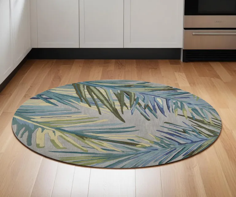 Grey Blue Hand Tufted Tropical Palms Indoor Area Rug Photo 5