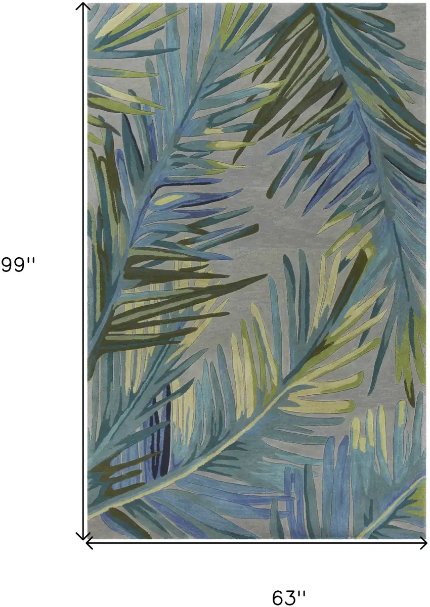 Grey Blue Hand Tufted Tropical Palms Indoor Area Rug Photo 6