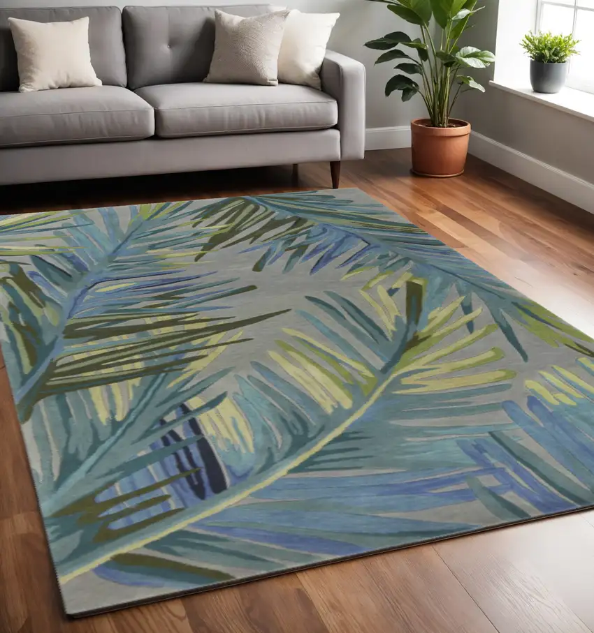 Blue And Gray Wool Tropical Botanical Hand Tufted Area Rug Photo 1