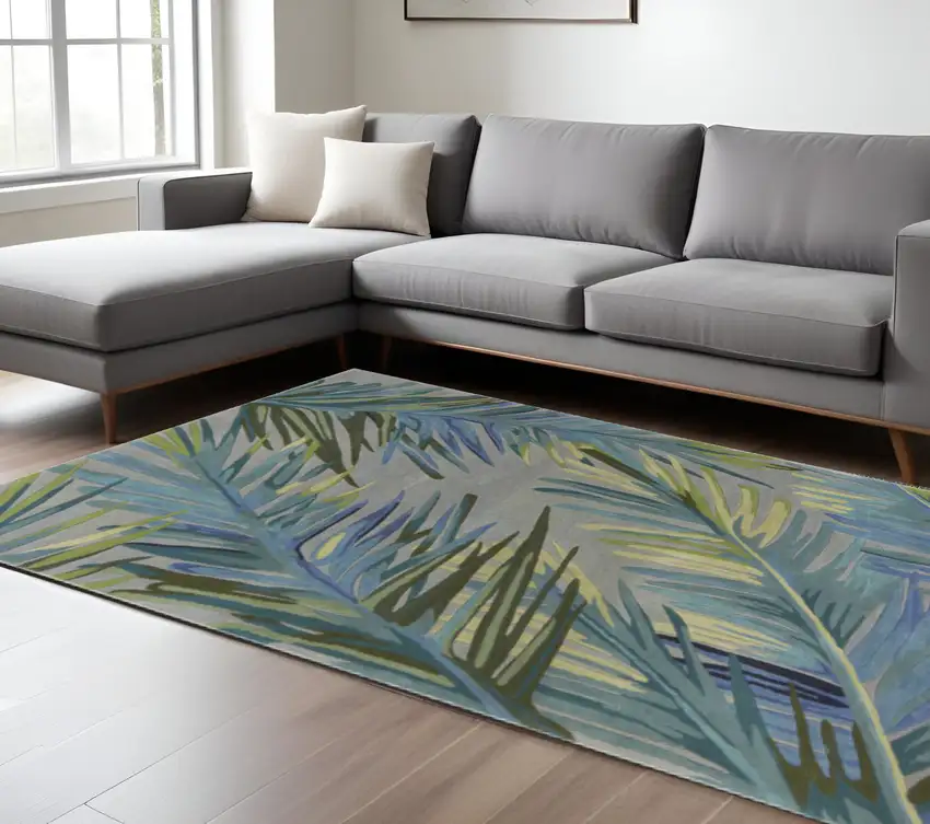 Gray And Blue Wool Tropical Botanical Hand Tufted Area Rug Photo 1