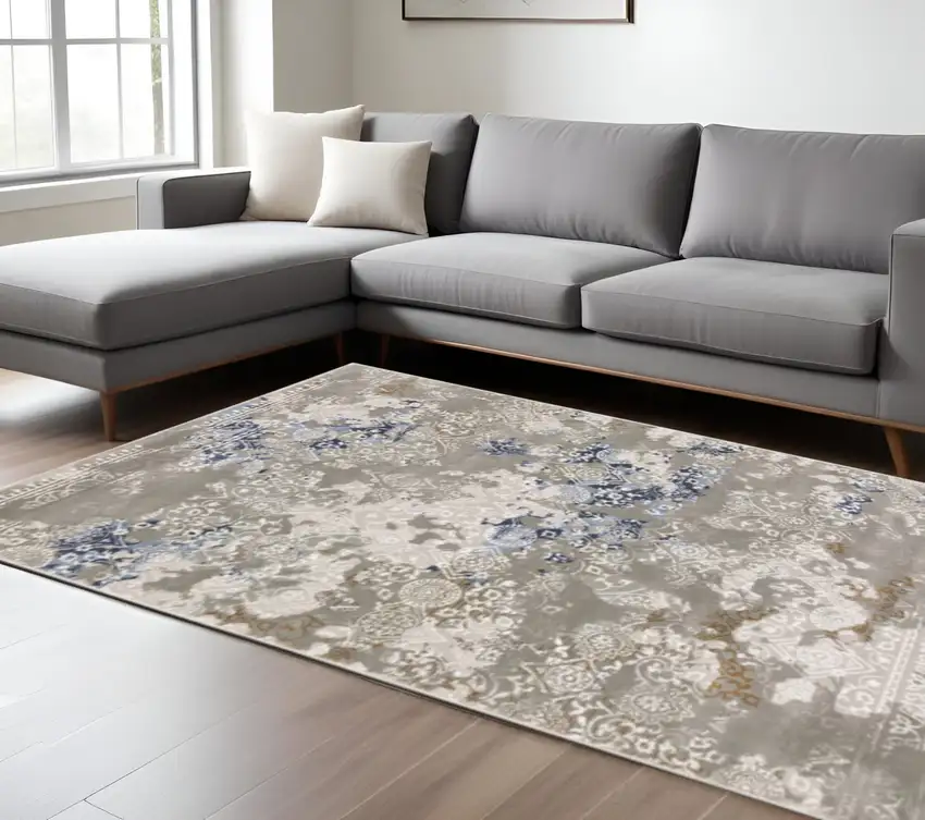 Grey Blue Ivory Brown And Navy Abstract Power Loom Stain Resistant Area Rug Photo 1