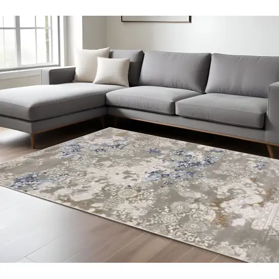 Grey Blue Ivory Brown And Navy Abstract Power Loom Stain Resistant Area Rug Photo 1