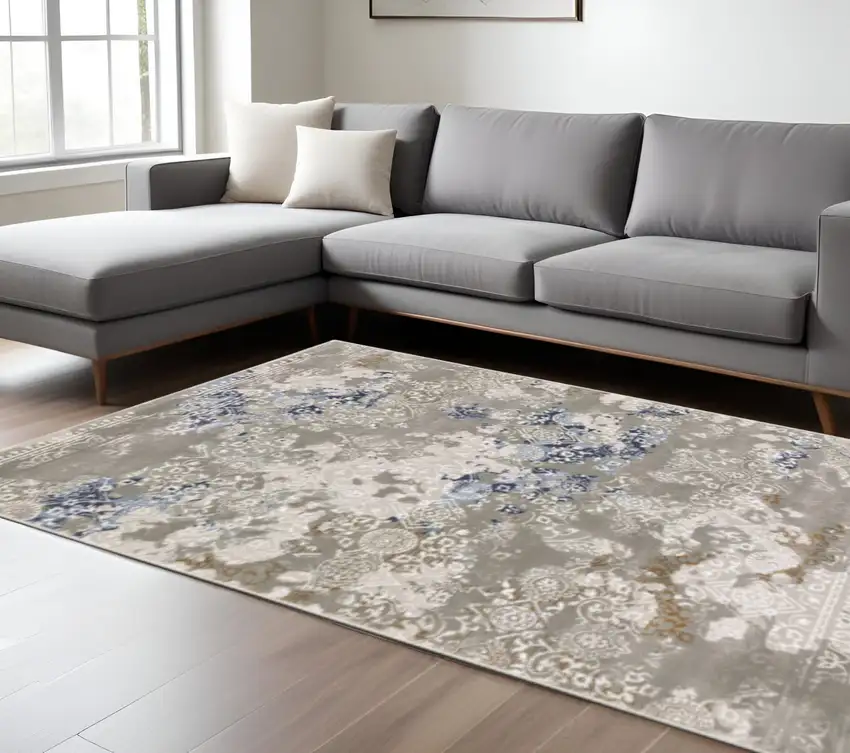Grey Blue Ivory Brown And Navy Abstract Power Loom Stain Resistant Area Rug Photo 1