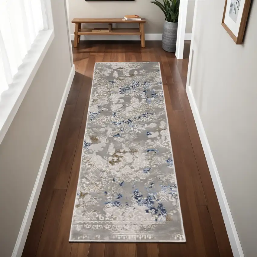 2' X 8' Grey Blue Ivory Brown And Navy Abstract Power Loom Stain Resistant Runner Rug Photo 1