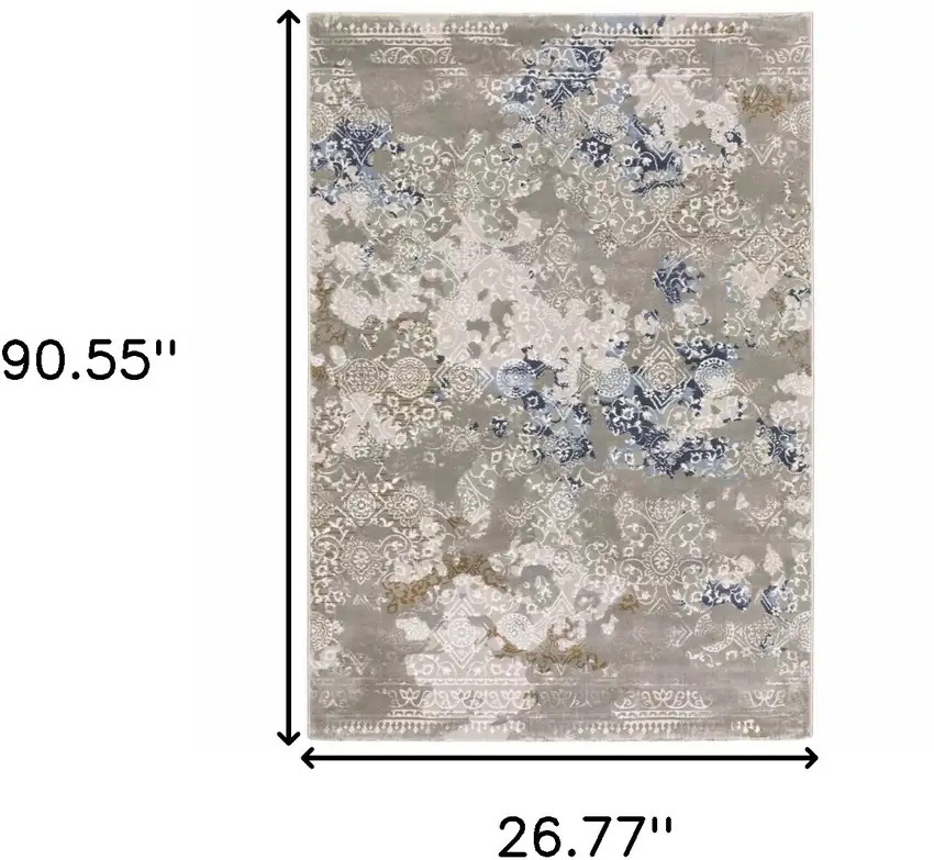 Grey Blue Ivory Brown And Navy Abstract Power Loom Stain Resistant Runner Rug Photo 7