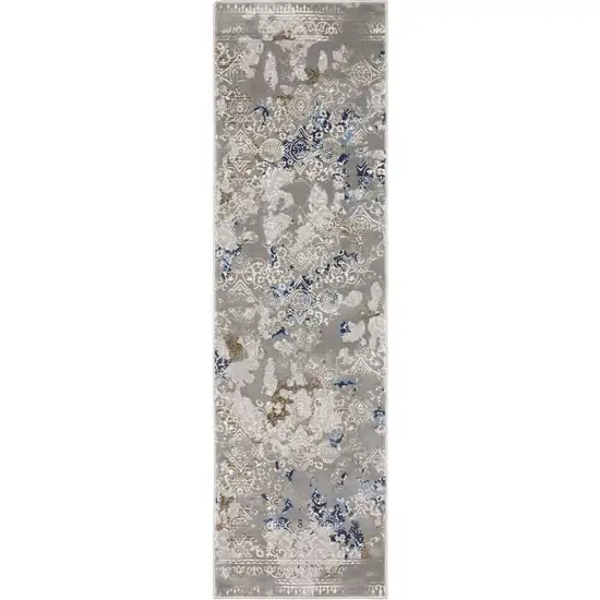 2' X 8' Grey Blue Ivory Brown And Navy Abstract Power Loom Stain Resistant Runner Rug Photo 2