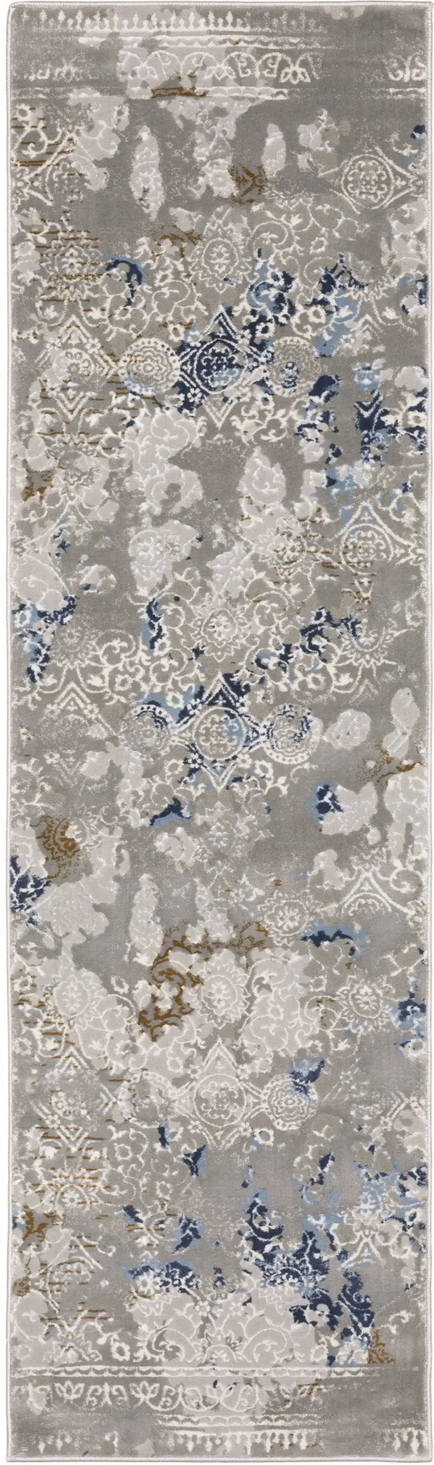 2' X 8' Grey Blue Ivory Brown And Navy Abstract Power Loom Stain Resistant Runner Rug Photo 2