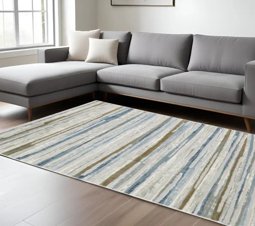 Grey Blue Ivory Brown Beige And Navy Abstract Power Loom Stain Resistant Area Rug Photo 1