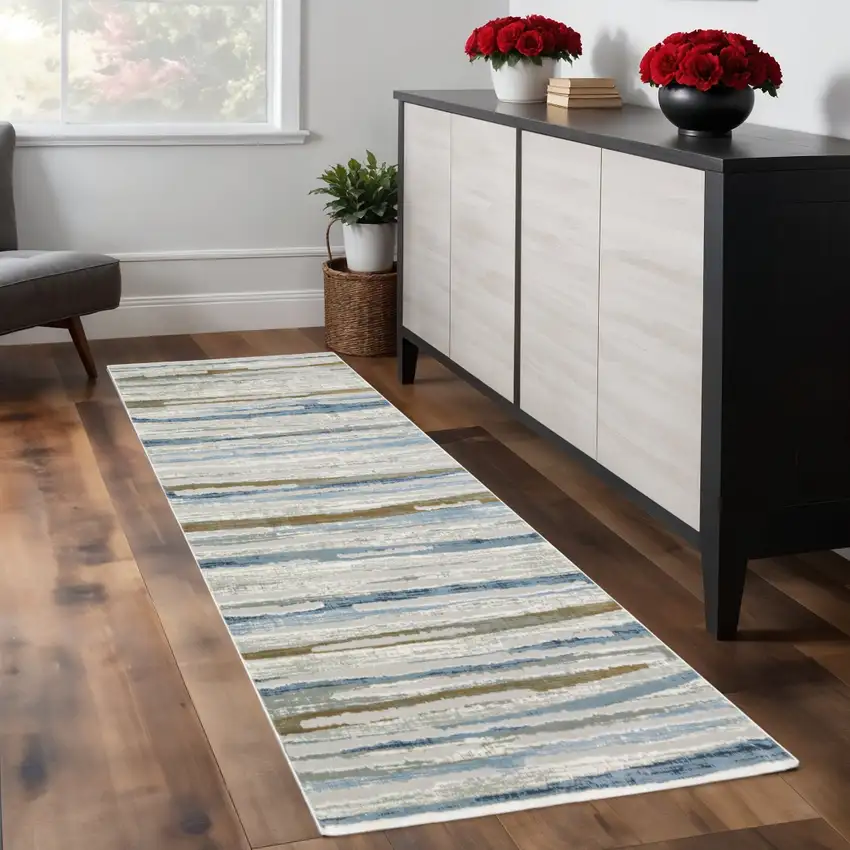 8' Beige And Blue Abstract Runner Rug Photo 1