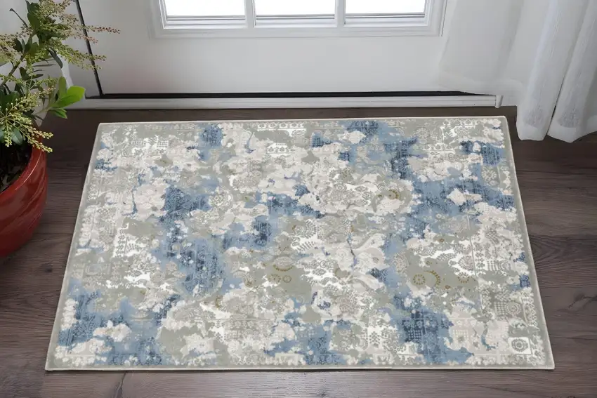 Grey Blue Ivory Navy Beige And Brown Abstract Power Loom Stain Resistant Area Rug Photo 1
