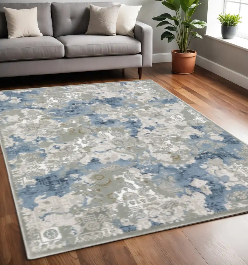 Grey Blue Ivory Navy Beige And Brown Abstract Power Loom Stain Resistant Area Rug Photo 1