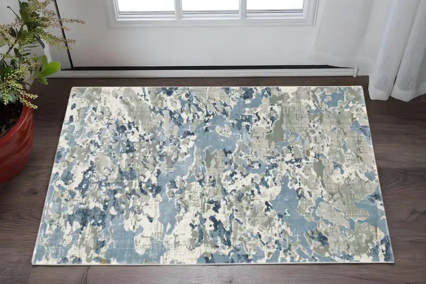 Grey Blue Ivory Navy Beige And Brown Abstract Power Loom Stain Resistant Area Rug Photo 1