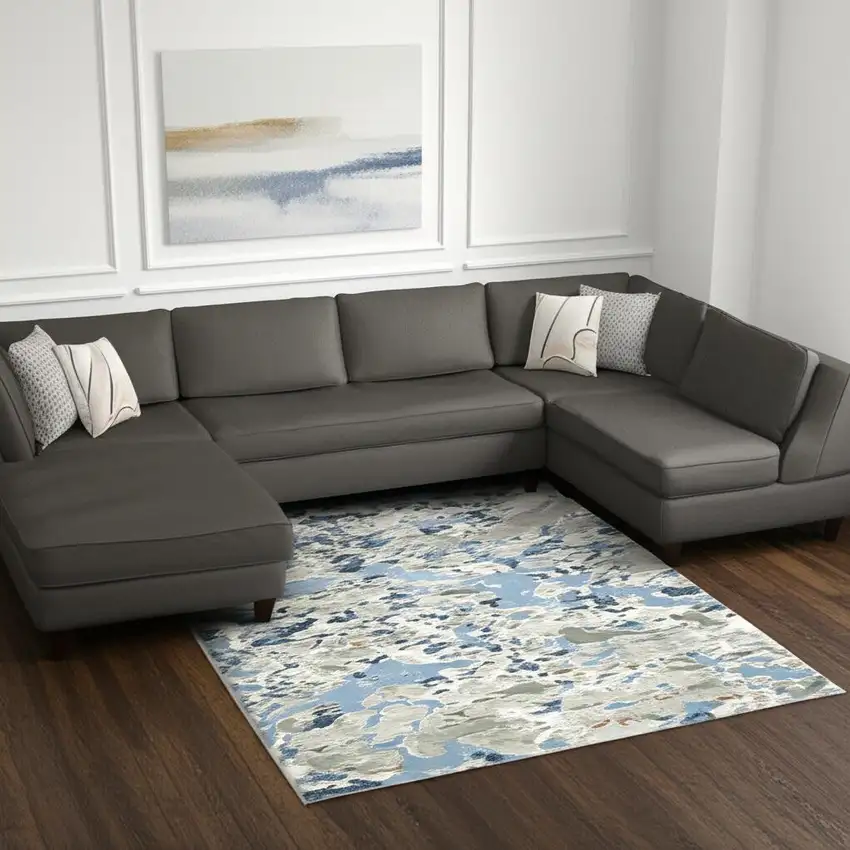 Grey Blue Ivory Navy Beige And Brown Abstract Power Loom Stain Resistant Area Rug Photo 1