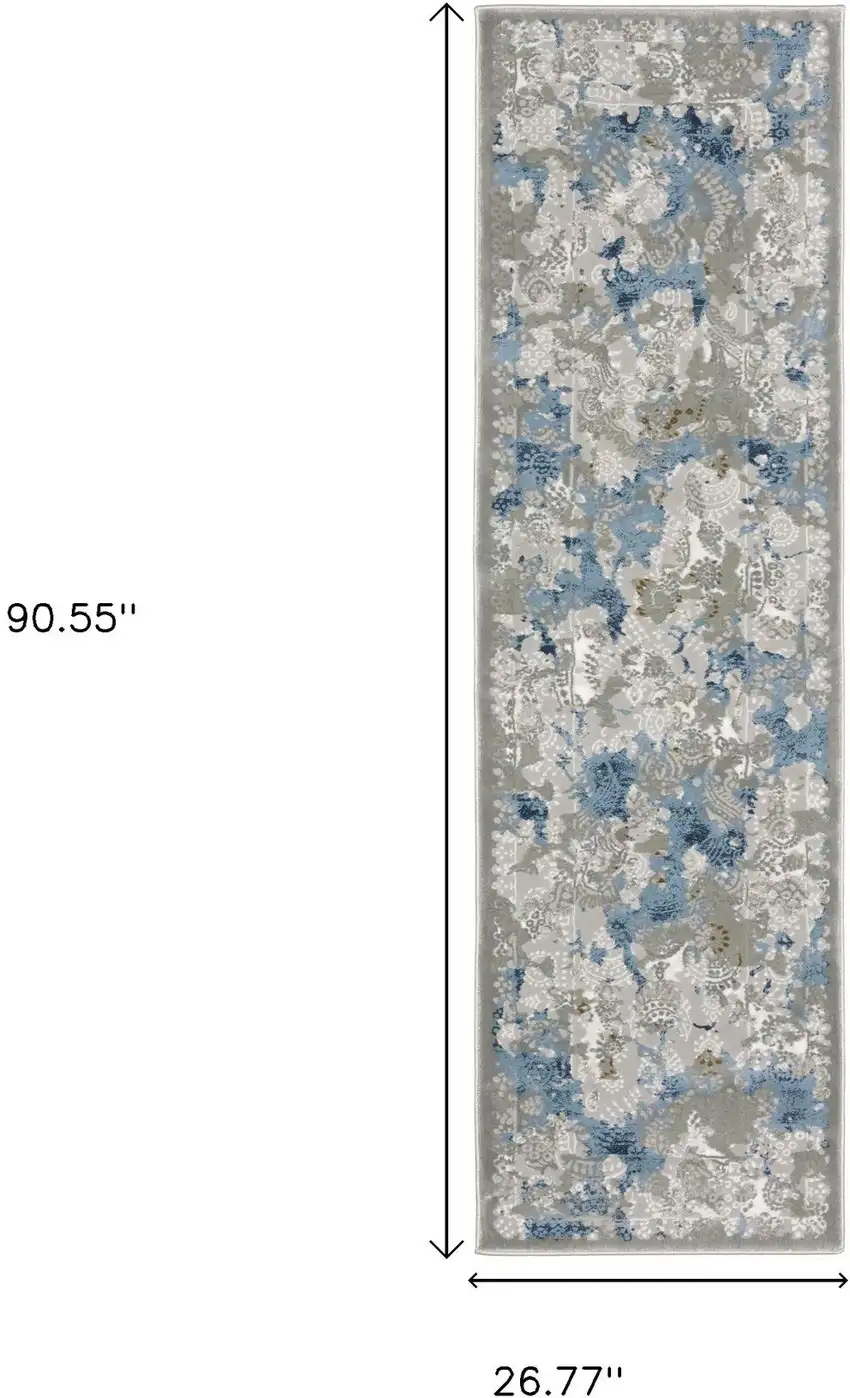 2' X 8' Grey Blue Ivory Navy Beige And Brown Abstract Power Loom Stain Resistant Runner Rug Photo 3