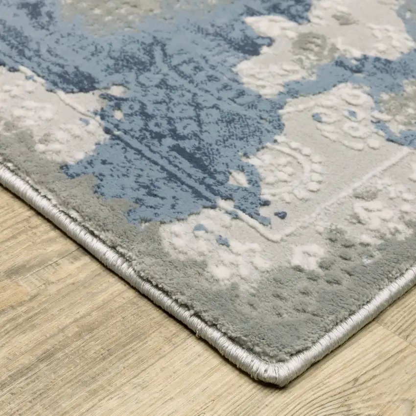Grey Blue Ivory Navy Beige And Brown Abstract Power Loom Stain Resistant Runner Rug Photo 4