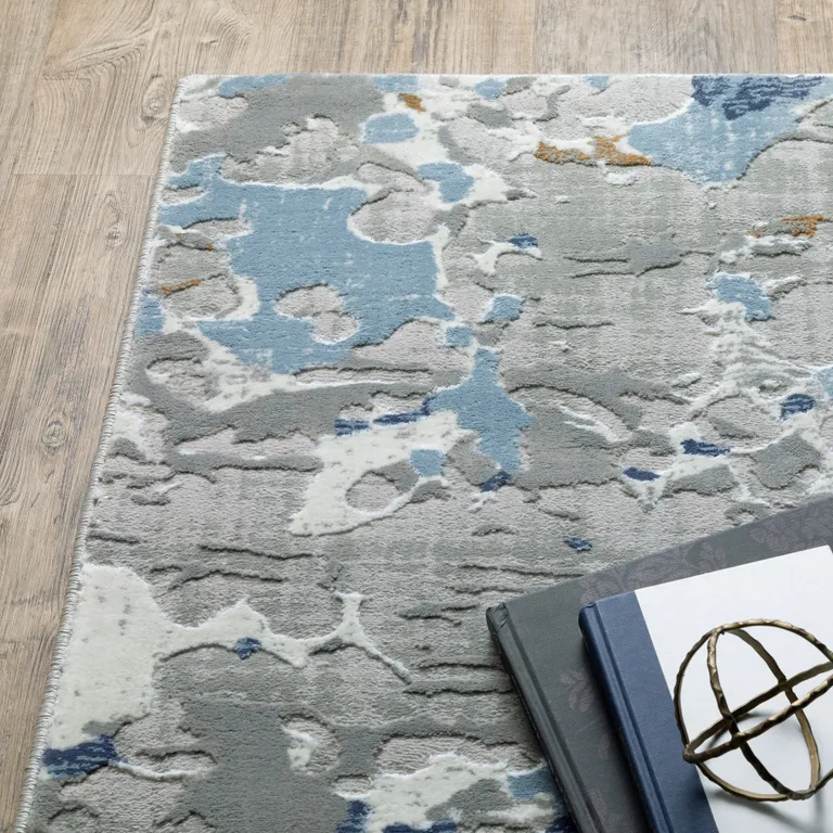 Grey Blue Ivory Navy Beige And Brown Abstract Power Loom Stain Resistant Runner Rug Photo 3