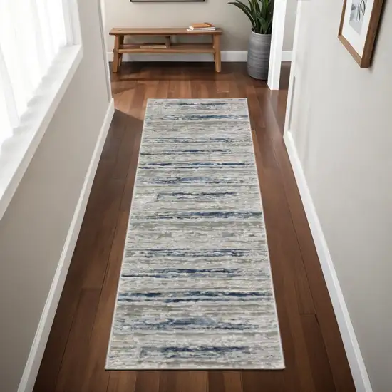 2' X 8' Grey Blue Light Blue Ivory And Brown Abstract Power Loom Stain Resistant Runner Rug Photo 1